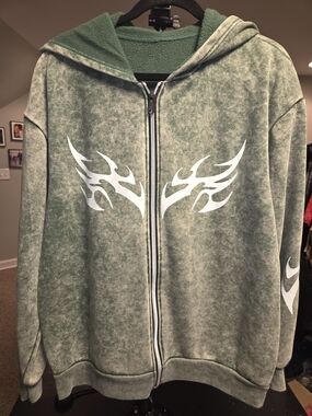 Men's Green Hooded Zip Jacket with White Tribal Print